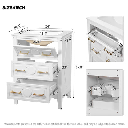 24" Bathroom Vanity with Sink, Green Bathroom Vanity with 3 Drawers & Carved Detail, Ceramic Sink for 4" Centerset Faucet with Overflow, Solid Pine Wood Frame,White
