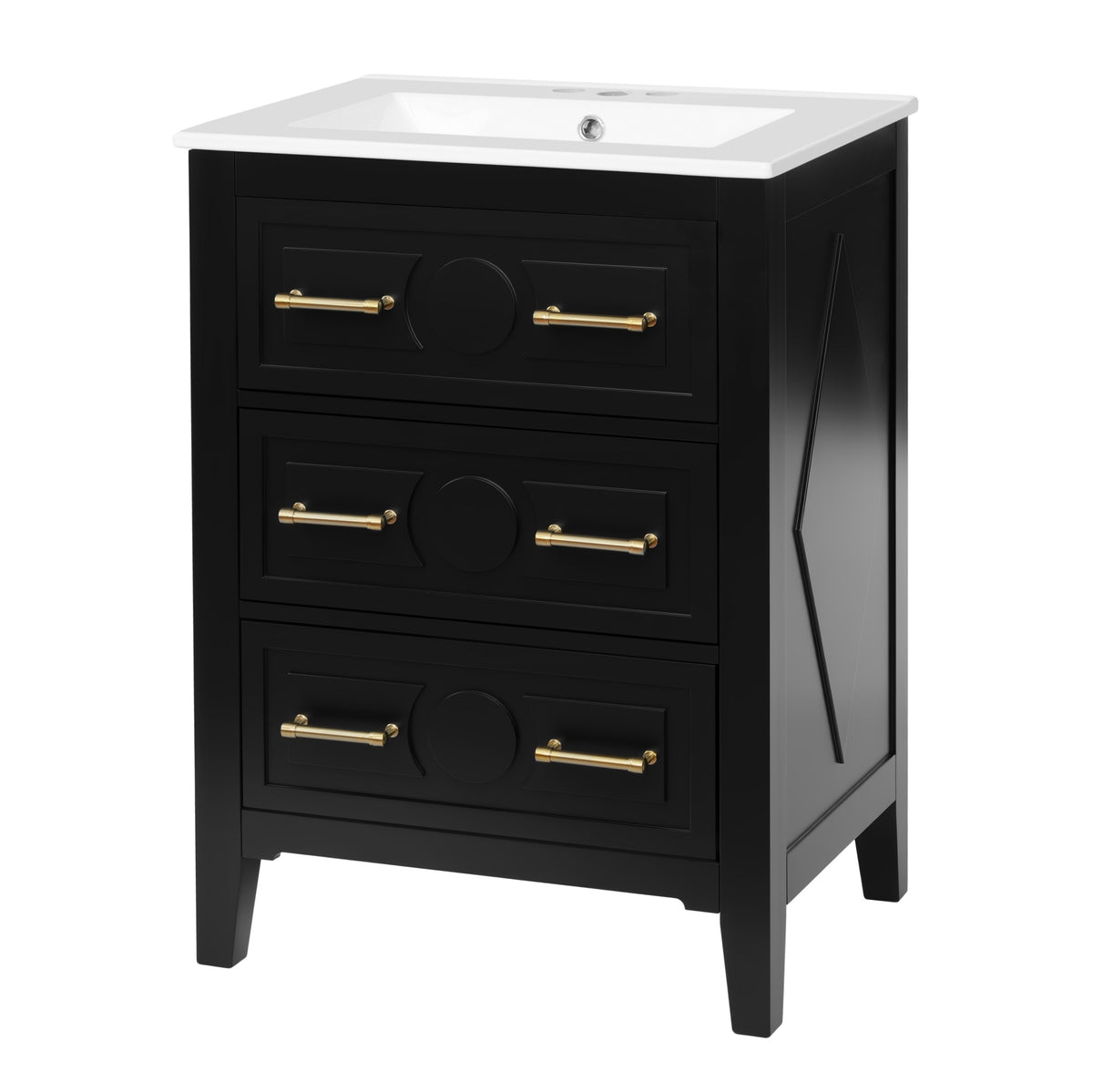 24" Bathroom Vanity with Sink, Green Bathroom Vanity with 3 Drawers & Carved Detail, Ceramic Sink for 4" Centerset Faucet with Overflow, Solid Pine Wood Frame,Black