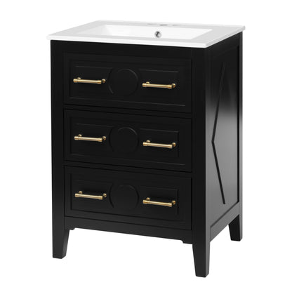 24" Bathroom Vanity with Sink, Green Bathroom Vanity with 3 Drawers & Carved Detail, Ceramic Sink for 4" Centerset Faucet with Overflow, Solid Pine Wood Frame,Black