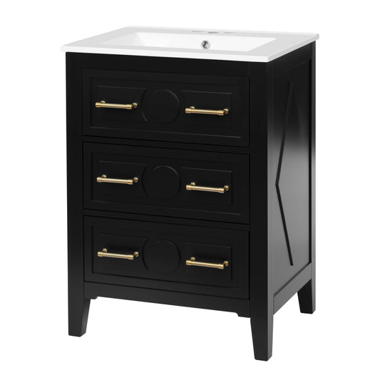 24" Bathroom Vanity with Sink, Green Bathroom Vanity with 3 Drawers & Carved Detail, Ceramic Sink for 4" Centerset Faucet with Overflow, Solid Pine Wood Frame,Black
