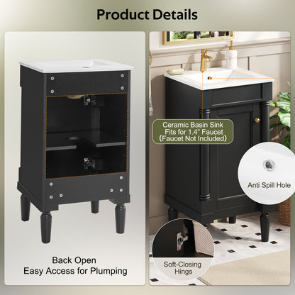 18" Bathroom Vanity with Sink, French Style Small Bathroom Vanity with Semi-Circular Column Design, Ceramic Sink with Overflow, Soft Close Door,Black