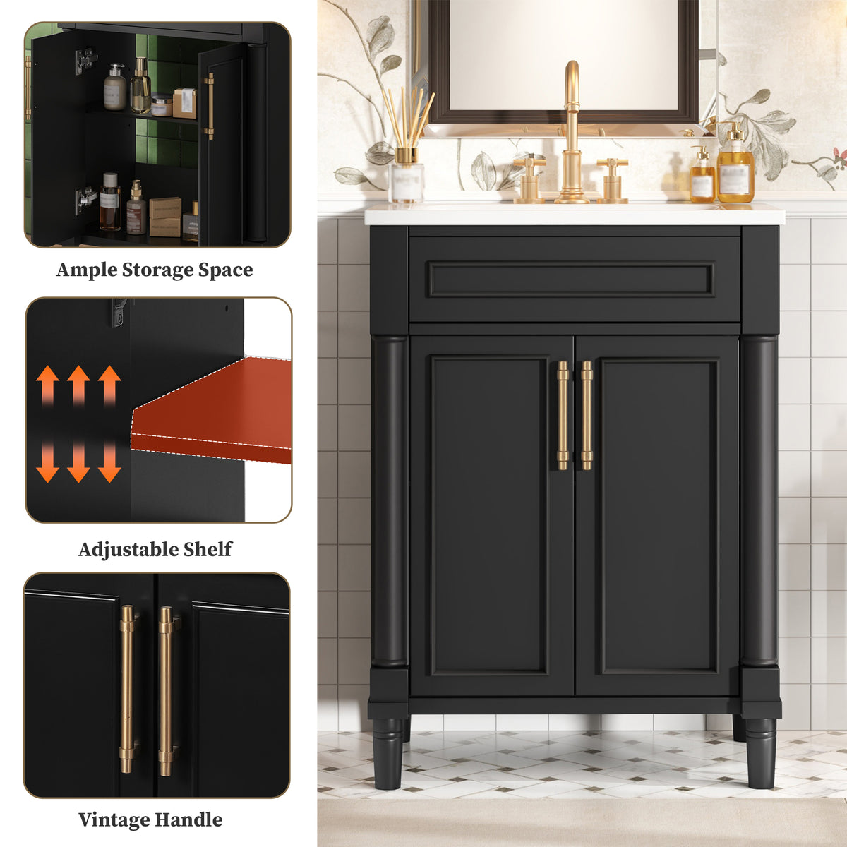 24" Bathroom Vanity with Sink, Modern Bathroom Vanity with Half-Moon Ceramic Sink for 4" Faucet, Adjustable Shelf & Painted Finish, for Small Bathroom,Black