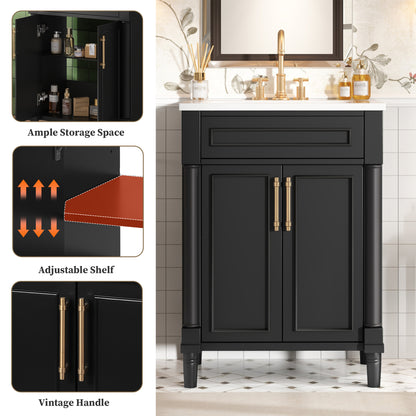 24" Bathroom Vanity with Sink, Modern Bathroom Vanity with Half-Moon Ceramic Sink for 4" Faucet, Adjustable Shelf & Painted Finish, for Small Bathroom,Black