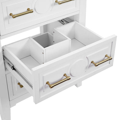 24" Bathroom Vanity with Sink, Green Bathroom Vanity with 3 Drawers & Carved Detail, Ceramic Sink for 4" Centerset Faucet with Overflow, Solid Pine Wood Frame,White
