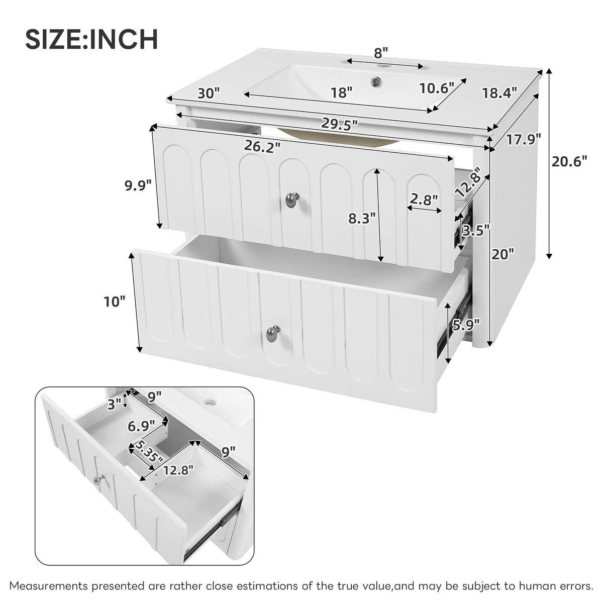30" Floating Bathroom Vanity with Sink, Wall Mounted Bathroom Vanity with U-Shaped Drawer & Ceramic Sink for 8" Faucet, Overflow, Oval Knobs,White
