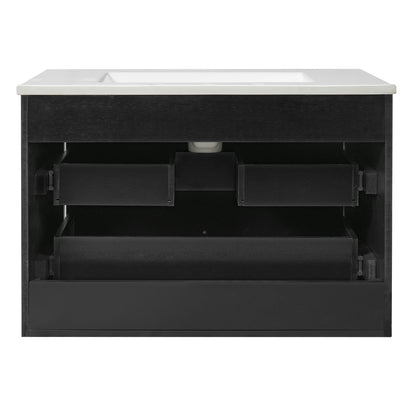 30" Floating Bathroom Vanity with Sink, Wall Mounted Bathroom Vanity with U-Shaped Drawer & Ceramic Sink for 8" Faucet, Overflow, Oval Knobs,Black