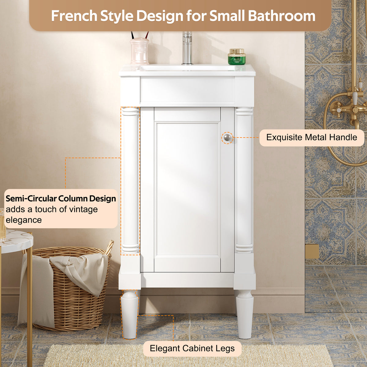 18" Bathroom Vanity with Sink, French Style Small Bathroom Vanity with Semi-Circular Column Design, Ceramic Sink with Overflow, Soft Close Door,White