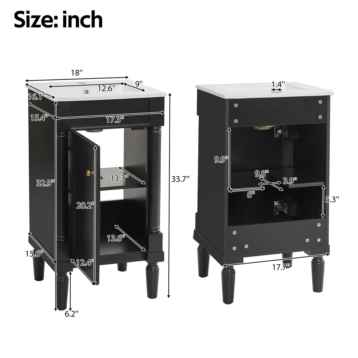 18" Bathroom Vanity with Sink, French Style Small Bathroom Vanity with Semi-Circular Column Design, Ceramic Sink with Overflow, Soft Close Door,Black