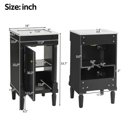 18" Bathroom Vanity with Sink, French Style Small Bathroom Vanity with Semi-Circular Column Design, Ceramic Sink with Overflow, Soft Close Door,Black