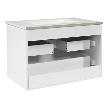 30" Floating Bathroom Vanity with Sink, Wall Mounted Bathroom Vanity with U-Shaped Drawer & Ceramic Sink for 8" Faucet, Overflow, Oval Knobs,White