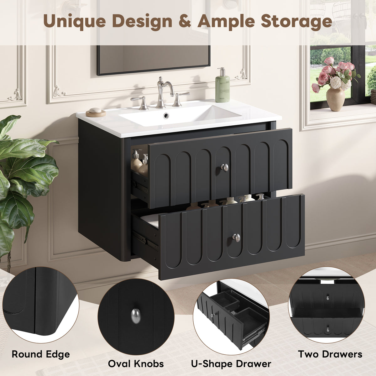 30" Floating Bathroom Vanity with Sink, Wall Mounted Bathroom Vanity with U-Shaped Drawer & Ceramic Sink for 8" Faucet, Overflow, Oval Knobs,Black