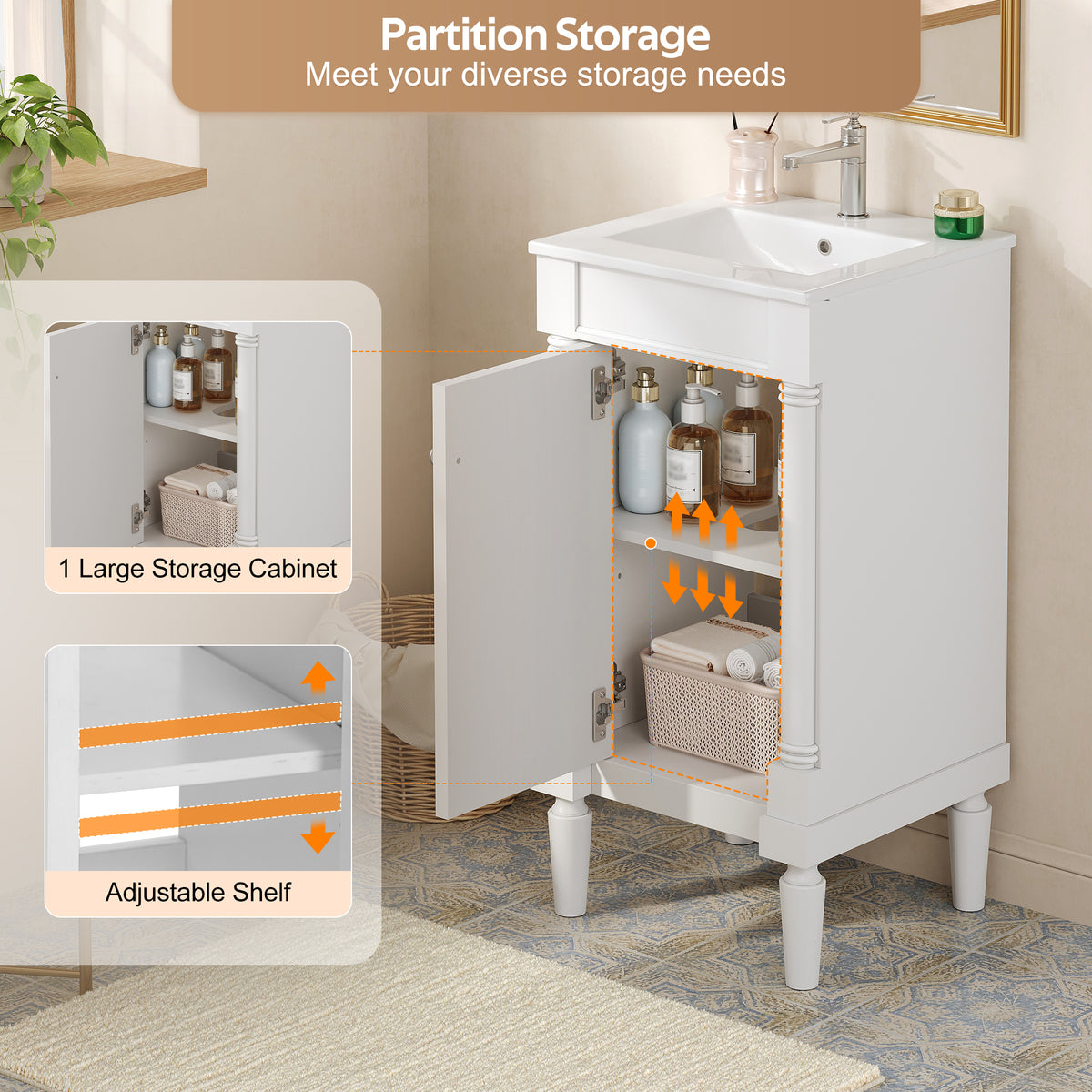 18" Bathroom Vanity with Sink, French Style Small Bathroom Vanity with Semi-Circular Column Design, Ceramic Sink with Overflow, Soft Close Door,White