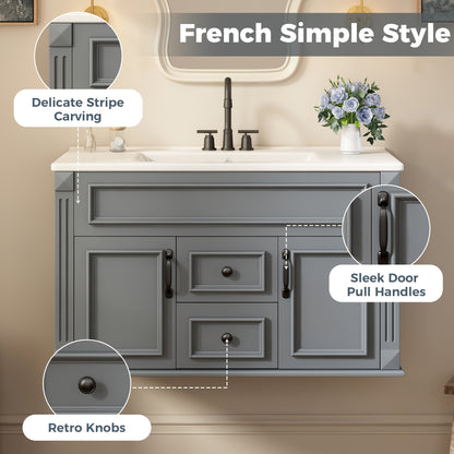 36" Floating Bathroom Vanity with Sink, Wall Mounted French Style Vanity with Stripe Carvings & Ceramic Sink for 4" Faucet, Overflow, Soft Close Door,Grey