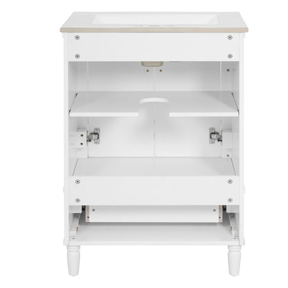 24" Bathroom Vanity with Sink, French Style Bathroom Vanity with Carved Legs & Drawer, Adjustable Shelf, Back Cutout for Plumbing, Soft Close Door,White