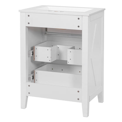 24" Bathroom Vanity with Sink, Green Bathroom Vanity with 3 Drawers & Carved Detail, Ceramic Sink for 4" Centerset Faucet with Overflow, Solid Pine Wood Frame,White