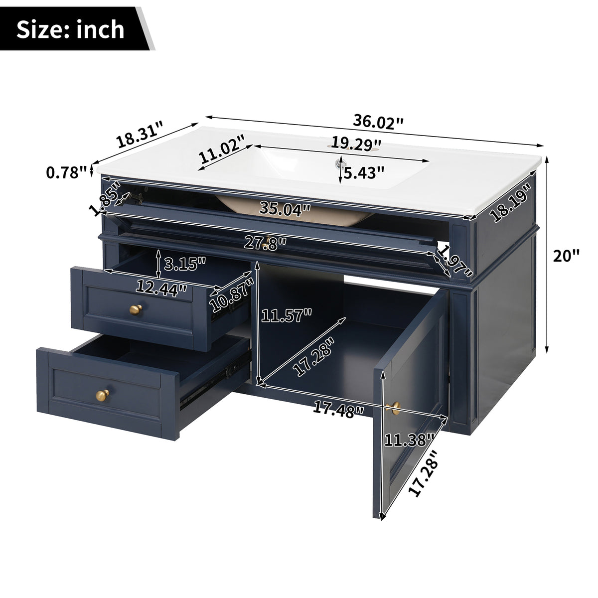 36" Floating Bathroom Vanity with Sink, Wall Mounted Bathroom Vanity with 2 Drawers & Tip-Out Tray, Etched Stripe Design, Ceramic Sink with Overflow, Adjustable Height,Blue