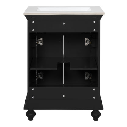 24" Bathroom Vanity with Sink, Farmhouse Bathroom Vanity with Ball-Turned Legs & Tip-Out Drawer, Adjustable Shelf, Soft Close Door, French Country Style,Black