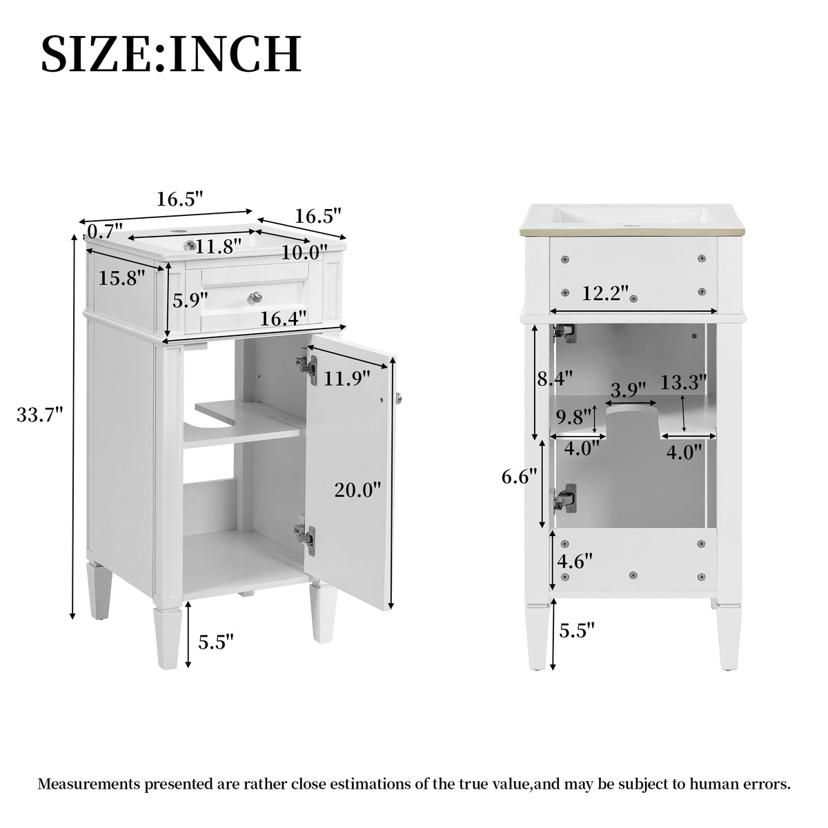 16" Bathroom Vanity with Sink, French Style Small Bathroom Vanity, Freestanding Wood Vanity Cabinet with Ceramic Sink Basin, Soft Close Door & U-Shaped Shelf,White