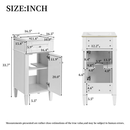 16" Bathroom Vanity with Sink, French Style Small Bathroom Vanity, Freestanding Wood Vanity Cabinet with Ceramic Sink Basin, Soft Close Door & U-Shaped Shelf,White