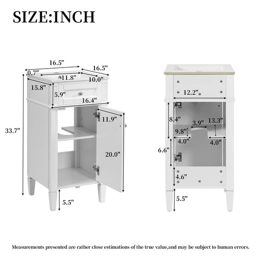 16" Bathroom Vanity with Sink, French Style Small Bathroom Vanity, Freestanding Wood Vanity Cabinet with Ceramic Sink Basin, Soft Close Door & U-Shaped Shelf,White