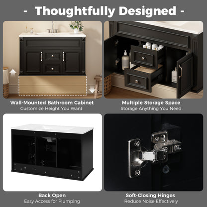 36" Floating Bathroom Vanity with Sink, Wall Mounted French Style Vanity with Stripe Carvings & Ceramic Sink for 4" Faucet, Overflow, Soft Close Door,Black