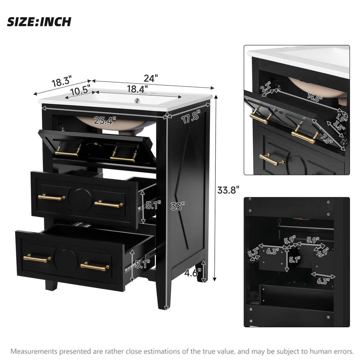 24" Bathroom Vanity with Sink, Green Bathroom Vanity with 3 Drawers & Carved Detail, Ceramic Sink for 4" Centerset Faucet with Overflow, Solid Pine Wood Frame,Black