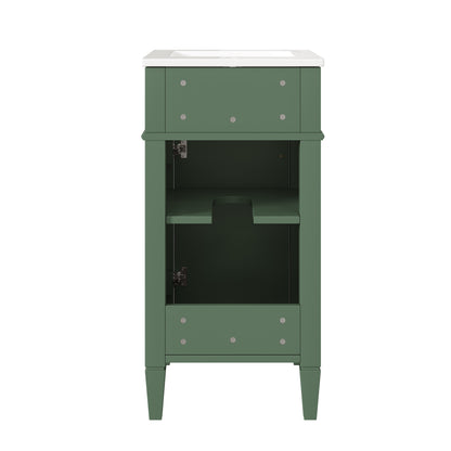 16" Bathroom Vanity with Sink, French Style Small Bathroom Vanity, Freestanding Wood Vanity Cabinet with Ceramic Sink Basin, Soft Close Door & U-Shaped Shelf,Green