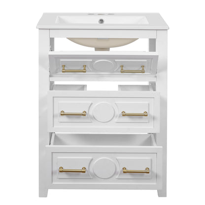 24" Bathroom Vanity with Sink, Green Bathroom Vanity with 3 Drawers & Carved Detail, Ceramic Sink for 4" Centerset Faucet with Overflow, Solid Pine Wood Frame,White