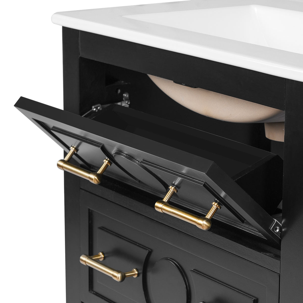 24" Bathroom Vanity with Sink, Green Bathroom Vanity with 3 Drawers & Carved Detail, Ceramic Sink for 4" Centerset Faucet with Overflow, Solid Pine Wood Frame,Black