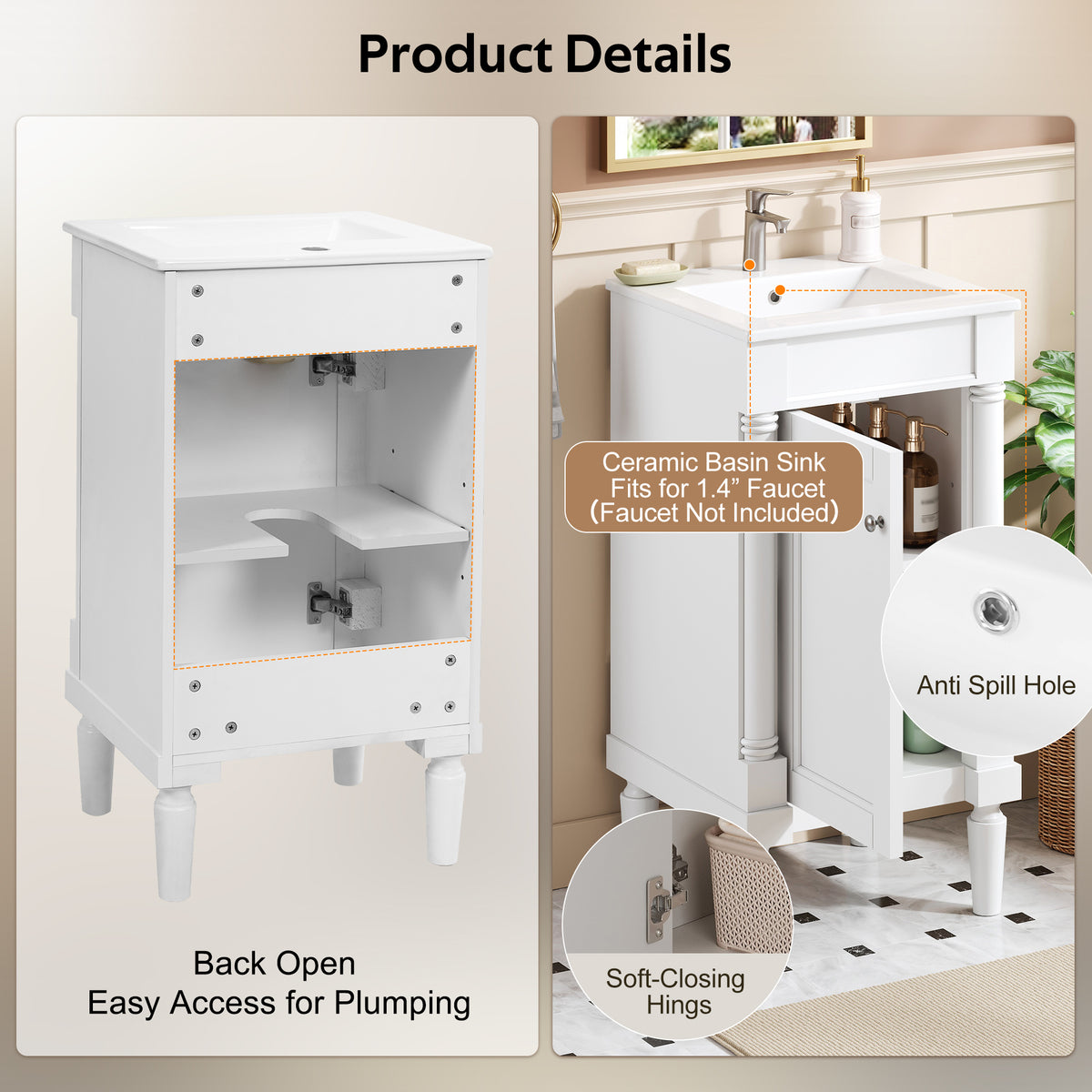 18" Bathroom Vanity with Sink, French Style Small Bathroom Vanity with Semi-Circular Column Design, Ceramic Sink with Overflow, Soft Close Door,White