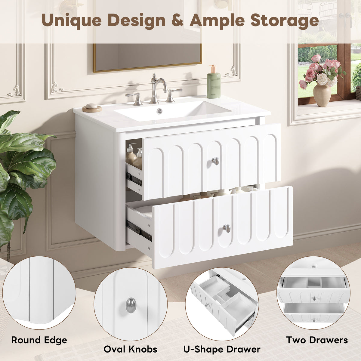 30" Floating Bathroom Vanity with Sink, Wall Mounted Bathroom Vanity with U-Shaped Drawer & Ceramic Sink for 8" Faucet, Overflow, Oval Knobs,White