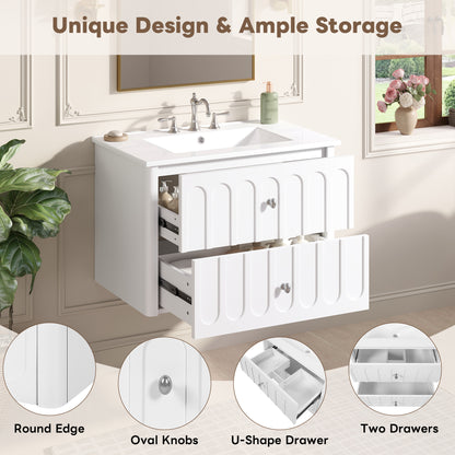30" Floating Bathroom Vanity with Sink, Wall Mounted Bathroom Vanity with U-Shaped Drawer & Ceramic Sink for 8" Faucet, Overflow, Oval Knobs,White