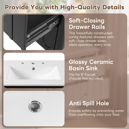 30" Floating Bathroom Vanity with Sink, Wall Mounted Bathroom Vanity with U-Shaped Drawer & Ceramic Sink for 8" Faucet, Overflow, Oval Knobs,Black