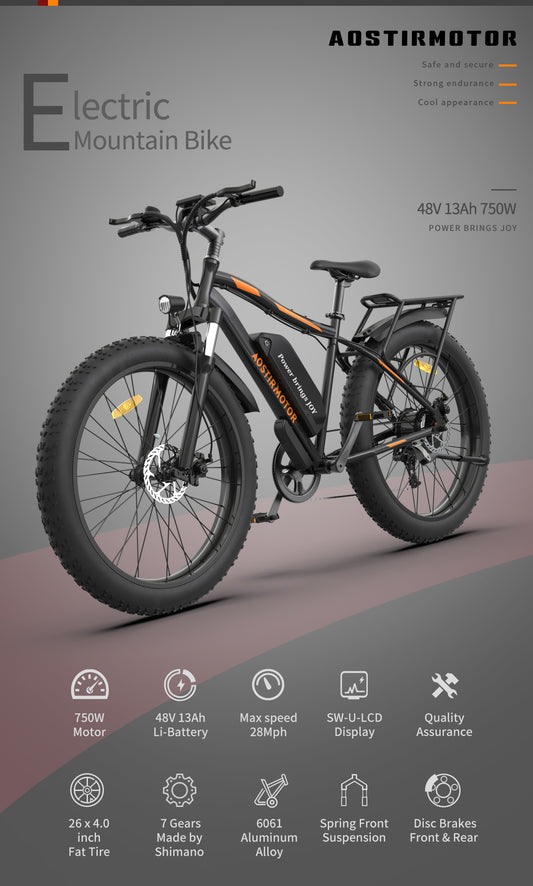 750W 26 inch Fat tire Electric Bike 28 mph 48V 13AH Removable Lithium Battery Ebike with Rack