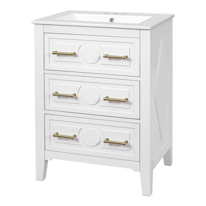 24" Bathroom Vanity with Sink, Green Bathroom Vanity with 3 Drawers & Carved Detail, Ceramic Sink for 4" Centerset Faucet with Overflow, Solid Pine Wood Frame,White