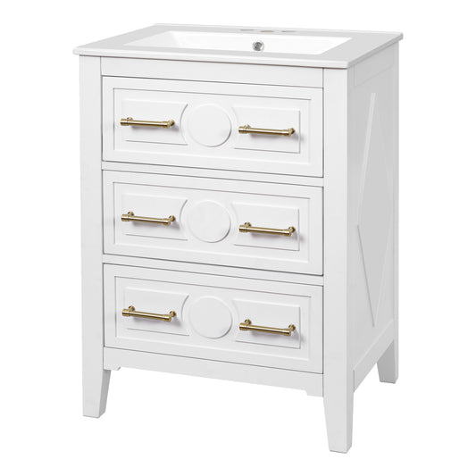 24" Bathroom Vanity with Sink, Green Bathroom Vanity with 3 Drawers & Carved Detail, Ceramic Sink for 4" Centerset Faucet with Overflow, Solid Pine Wood Frame,White