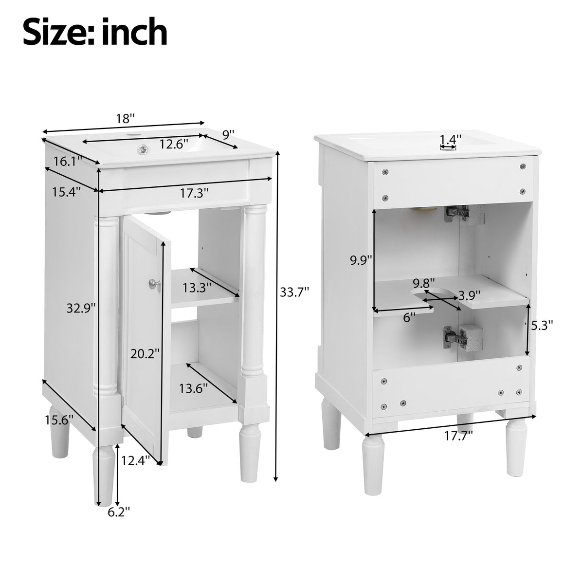 18" Bathroom Vanity with Sink, French Style Small Bathroom Vanity with Semi-Circular Column Design, Ceramic Sink with Overflow, Soft Close Door,White