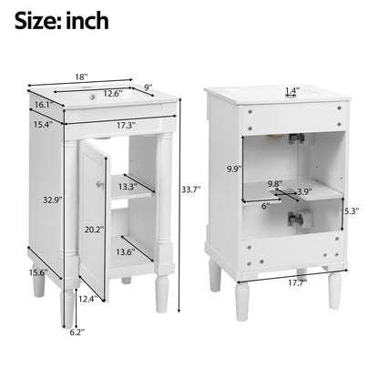 18" Bathroom Vanity with Sink, French Style Small Bathroom Vanity with Semi-Circular Column Design, Ceramic Sink with Overflow, Soft Close Door,White