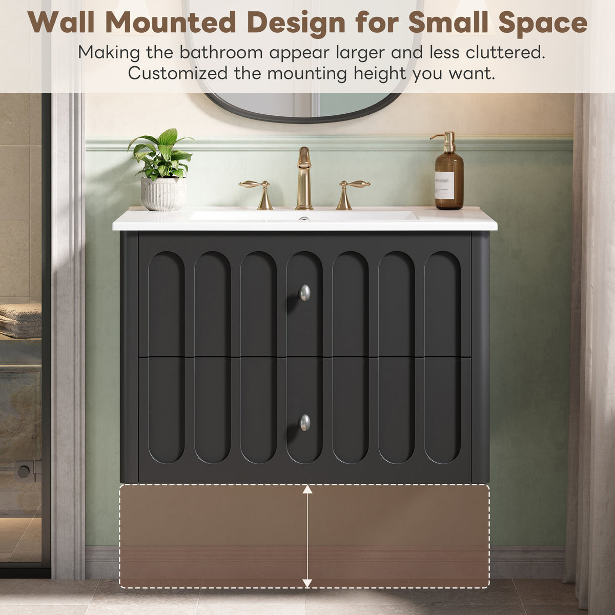30" Floating Bathroom Vanity with Sink, Wall Mounted Bathroom Vanity with U-Shaped Drawer & Ceramic Sink for 8" Faucet, Overflow, Oval Knobs,Black
