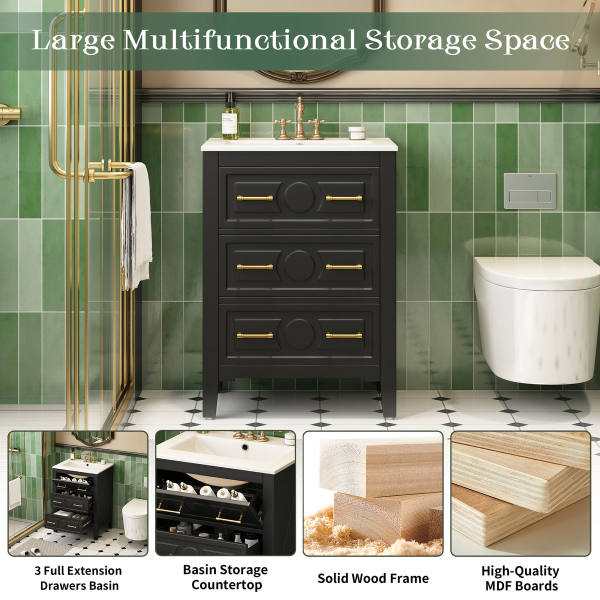 24" Bathroom Vanity with Sink, Green Bathroom Vanity with 3 Drawers & Carved Detail, Ceramic Sink for 4" Centerset Faucet with Overflow, Solid Pine Wood Frame,Black