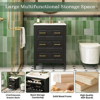 24" Bathroom Vanity with Sink, Green Bathroom Vanity with 3 Drawers & Carved Detail, Ceramic Sink for 4" Centerset Faucet with Overflow, Solid Pine Wood Frame,Black