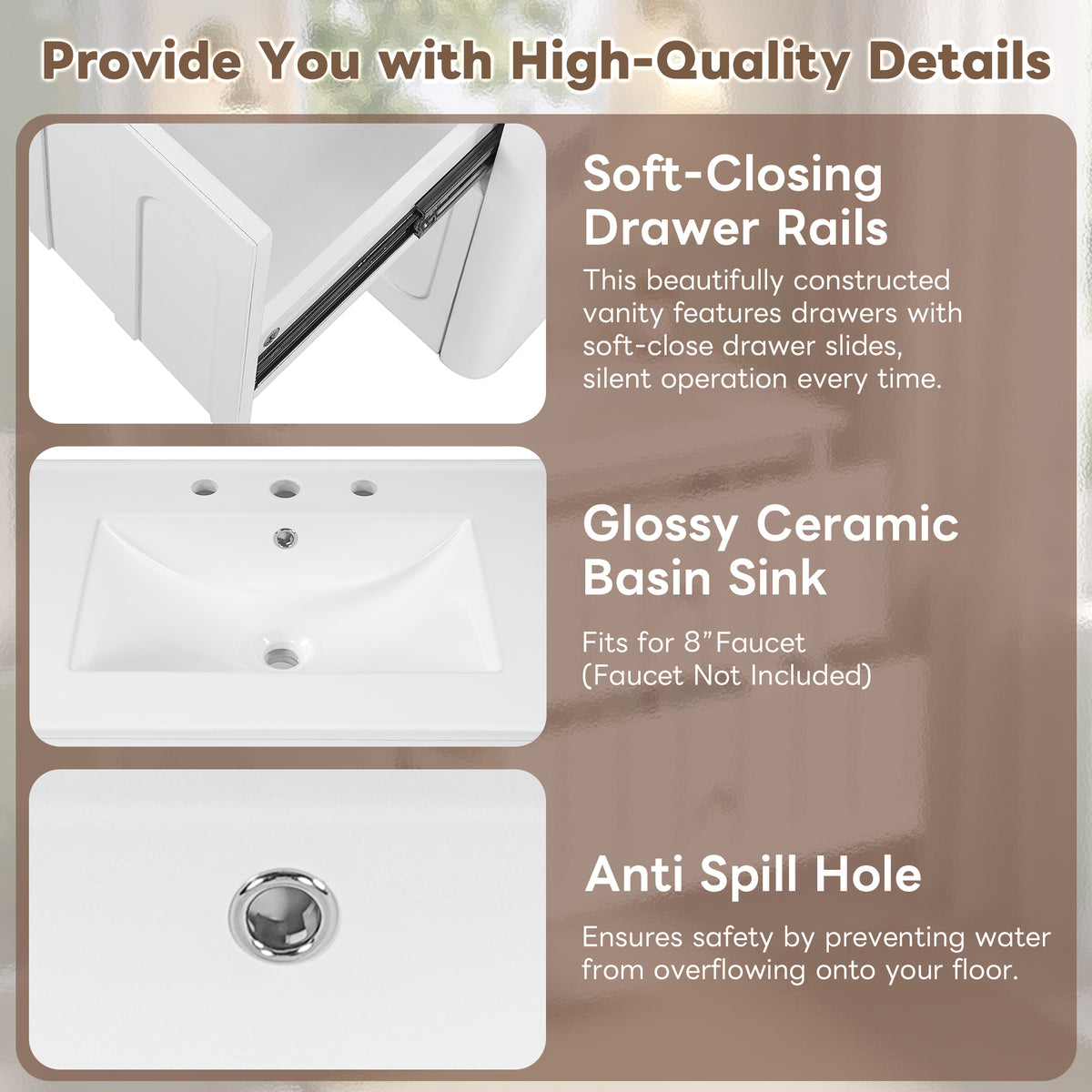 30" Floating Bathroom Vanity with Sink, Wall Mounted Bathroom Vanity with U-Shaped Drawer & Ceramic Sink for 8" Faucet, Overflow, Oval Knobs,White