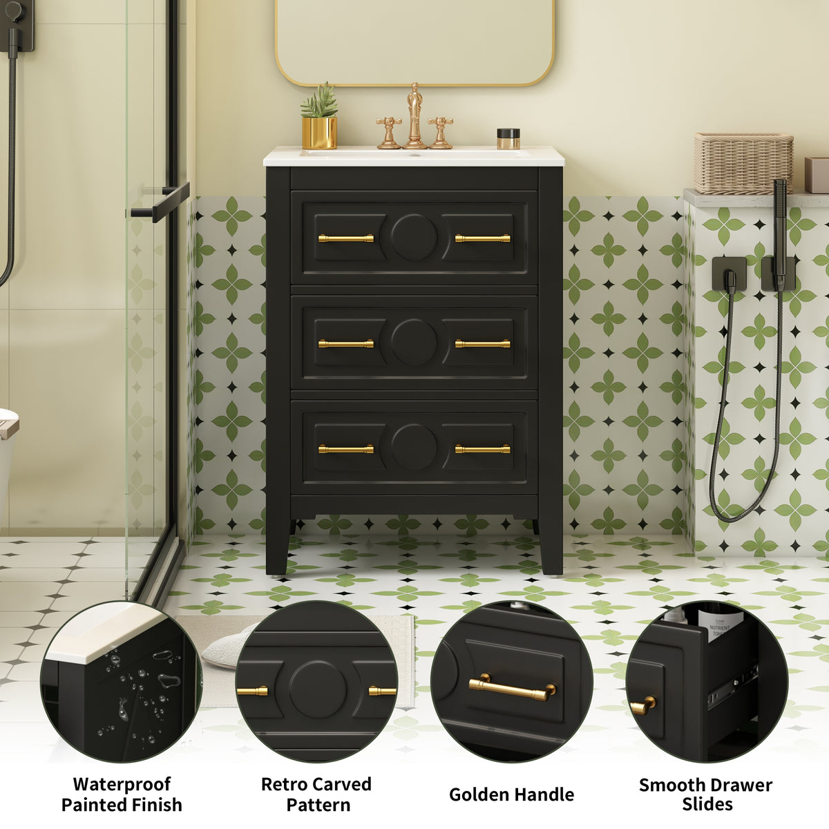 24" Bathroom Vanity with Sink, Green Bathroom Vanity with 3 Drawers & Carved Detail, Ceramic Sink for 4" Centerset Faucet with Overflow, Solid Pine Wood Frame,Black
