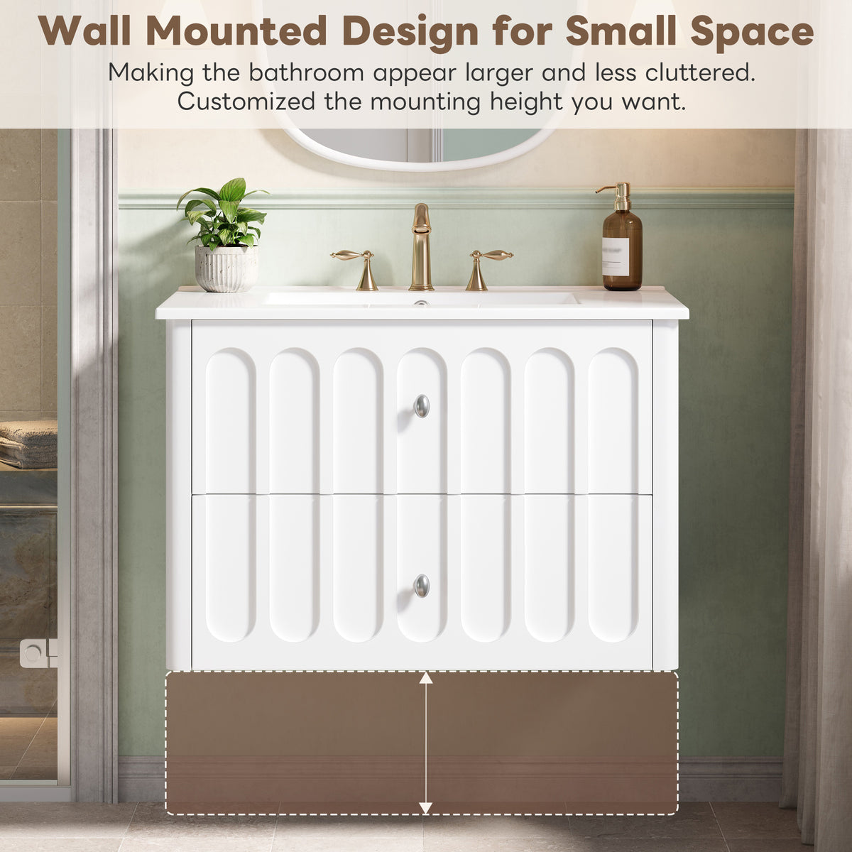 30" Floating Bathroom Vanity with Sink, Wall Mounted Bathroom Vanity with U-Shaped Drawer & Ceramic Sink for 8" Faucet, Overflow, Oval Knobs,White