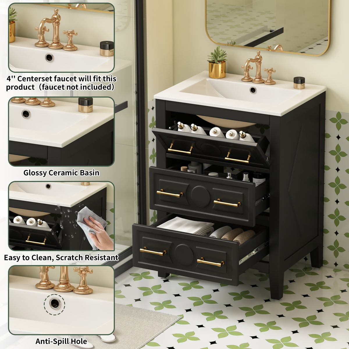 24" Bathroom Vanity with Sink, Green Bathroom Vanity with 3 Drawers & Carved Detail, Ceramic Sink for 4" Centerset Faucet with Overflow, Solid Pine Wood Frame,Black