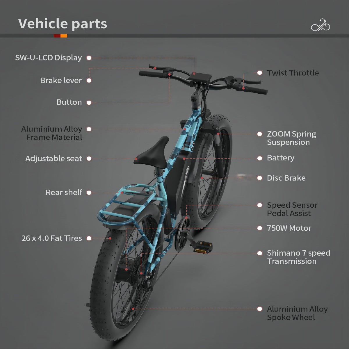 750W 26 inch Fat tire Electric Bike 28 mph 48V 13AH Removable Lithium Ryxal