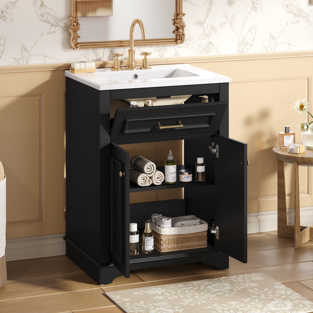 24" Bathroom Vanity with Sink, Small Bathroom Vanity with Tip-Out Drawer & Adjustable Storage, 3-Hole 4" Centerset Ceramic Sink with Overflow, Soft Close Door,Black
