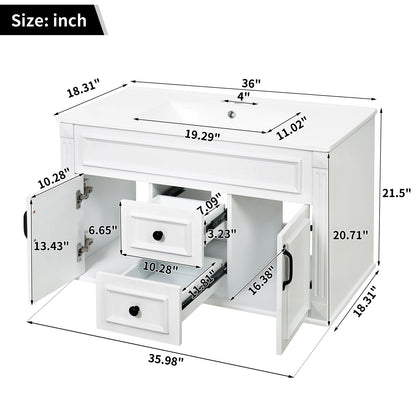 36" Floating Bathroom Vanity with Sink, Wall Mounted French Style Vanity with Stripe Carvings & Ceramic Sink for 4" Faucet, Overflow, Soft Close Door,White