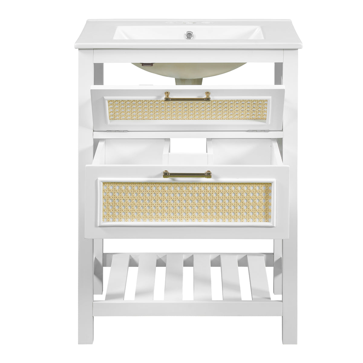24" Bathroom Vanity with Sink, Modern Bathroom Vanity with Tip-Out Drawer & Ceramic Sink for 4" Centerset Faucet, Solid Wood Feet, Soft Close,White