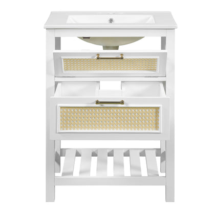 24" Bathroom Vanity with Sink, Modern Bathroom Vanity with Tip-Out Drawer & Ceramic Sink for 4" Centerset Faucet, Solid Wood Feet, Soft Close,White